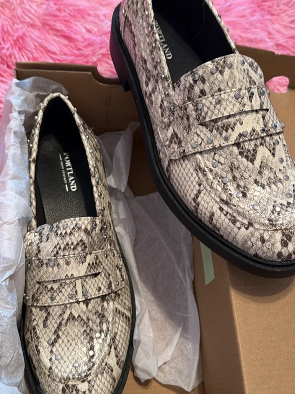 Men's Snake-Print Studded Penny Loafers in Beige
